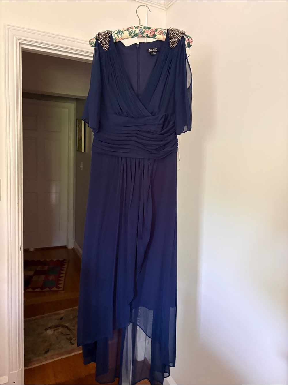 SLNY Deep Navy High-Low Chiffon Evening Gown with Embellished Shoulders